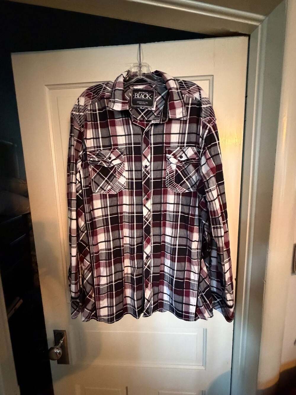 Buckle Black Athletic Fit Plaid Long Sleeve Button-Up Shirt XXL Burgundy Black W